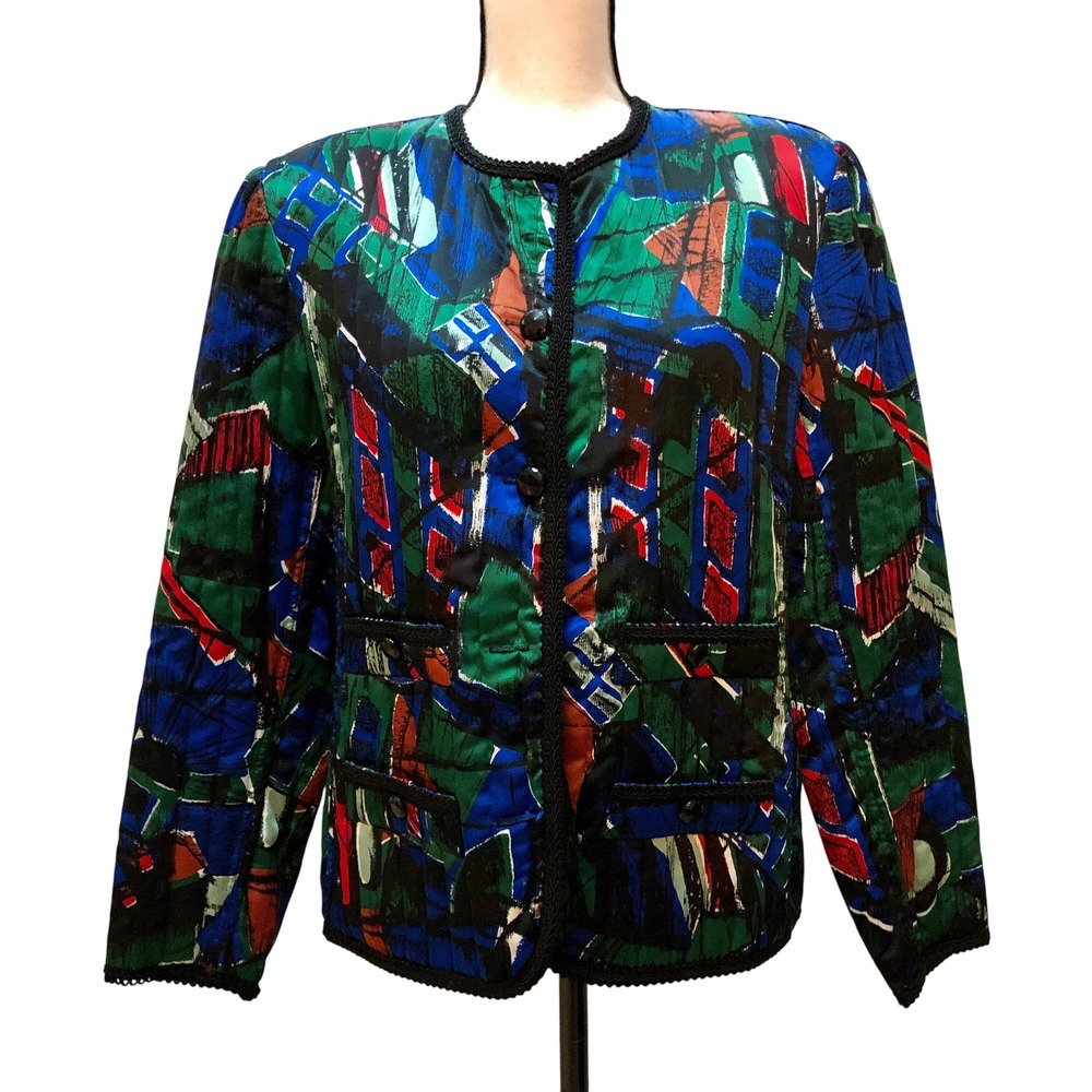 Howard Wolf Jacket‎ Women's 6 Black Green Colorful Bold Abstract Silky VNTG 80s